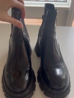 Alexander McQueen Black Patent Lug-Sole Chelsea Booties